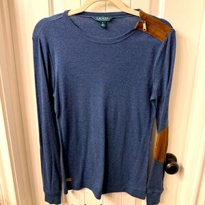 Ralph Lauren, Navy Cotton Pullover with Faux Leather Patches, Size Medium